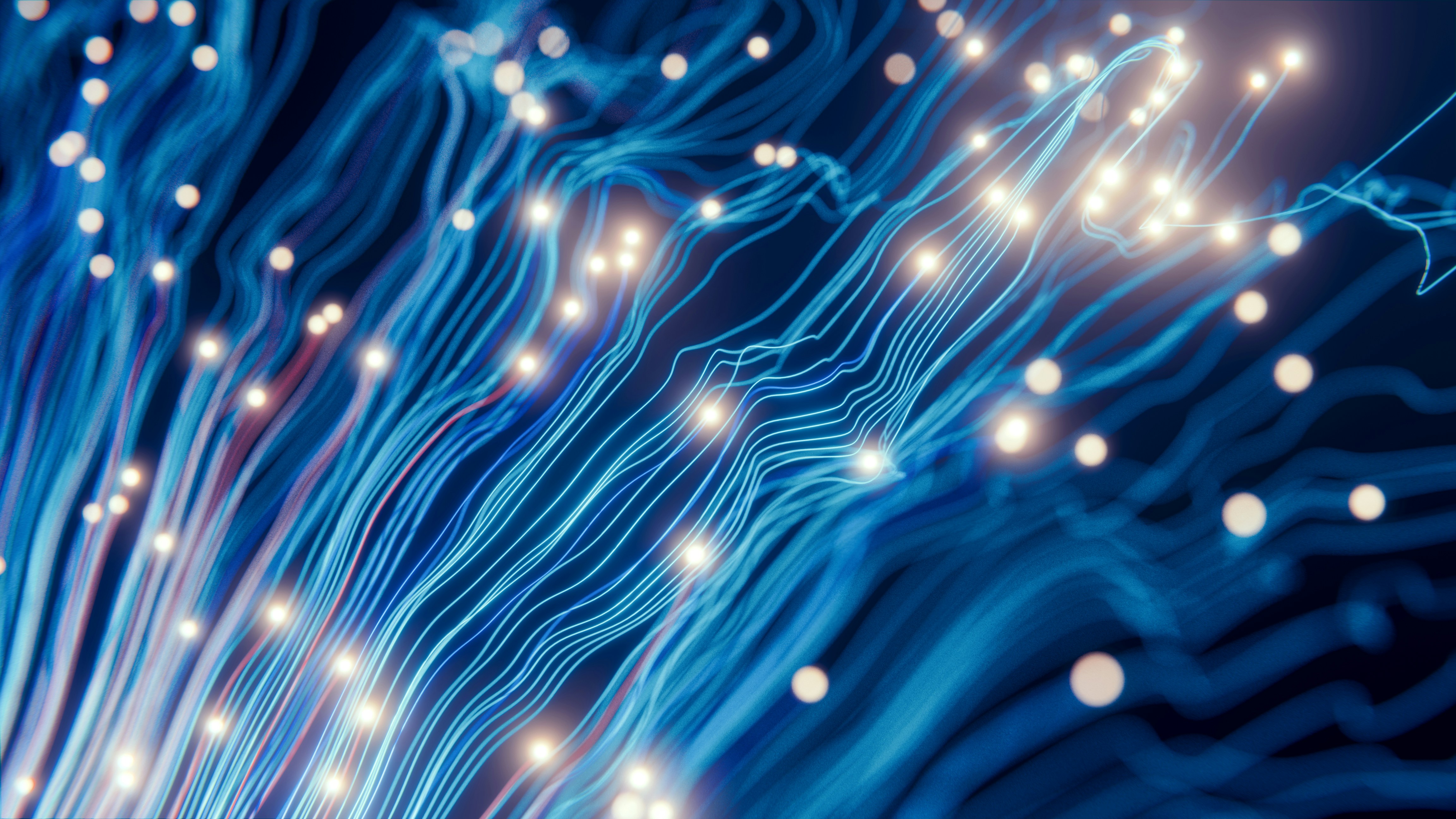 Glowing fiber-optic strands and data particles in teal and navy